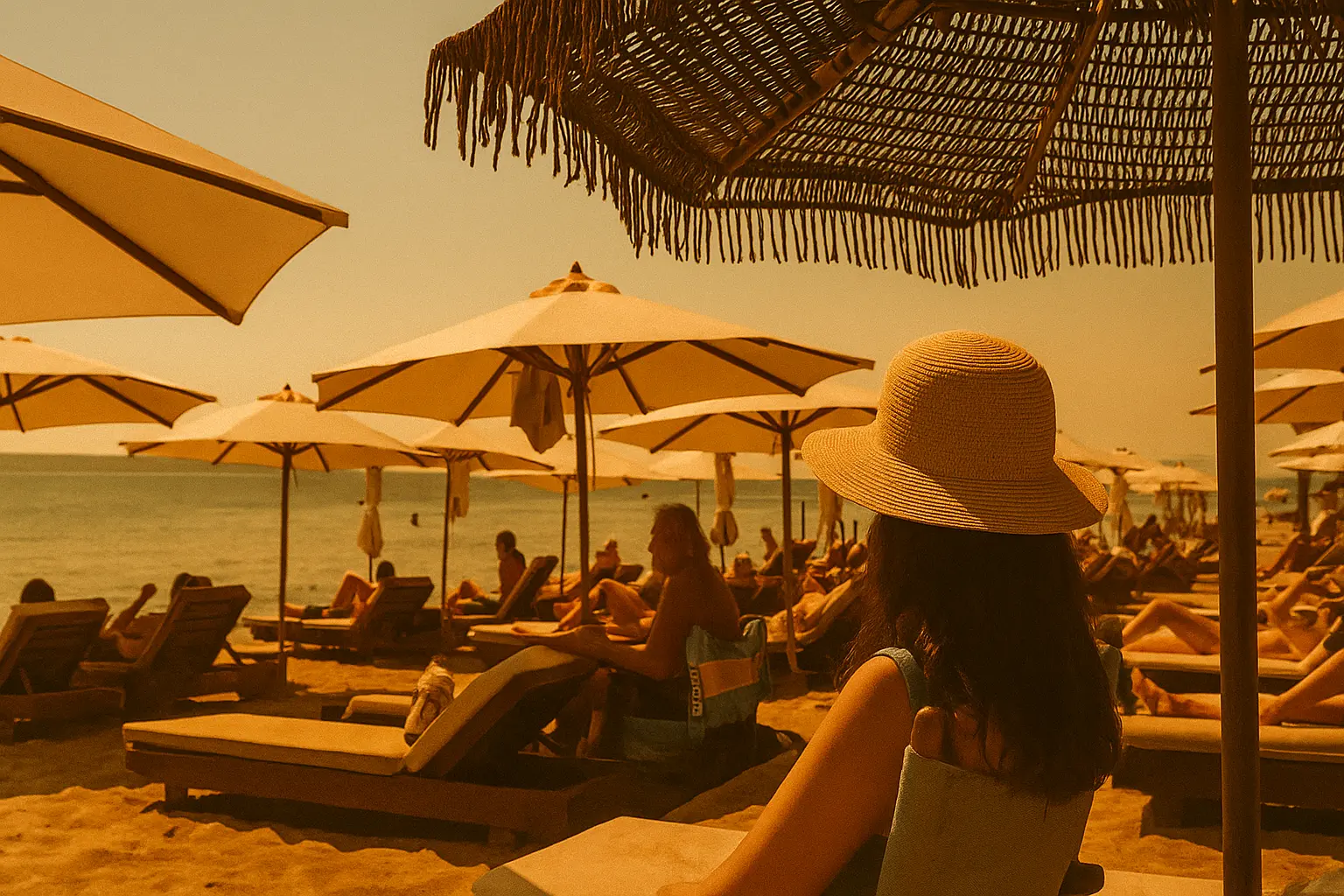 Beach bar umbrellas and sunbeds